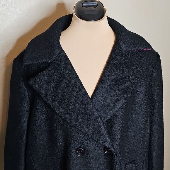 Kate Spade XXL Black Wool Blend Double Breasted Pea Coat With Bow Welt Pockets - Picture 3 of 11